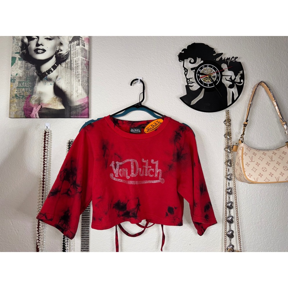 Von Dutch Red Black Tie Dye Rhinestone Logo Open Back Cropped Sweatshirt Large
